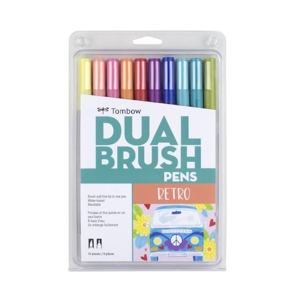 10pc Tombow Dual Brush/Fine Pen Marker Water-Based Sketching/Drawing Set Retro