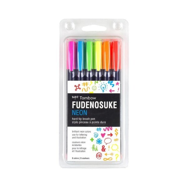 6pc Tombow Fudenosuke Neon Hard Tip Brush Pen Drawing/Colouring Sketching Set