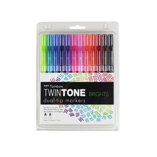 12pc Tombow TwinTone Dual Tip Marker Drawing Set Bullet/Extra Fine Tip Brights
