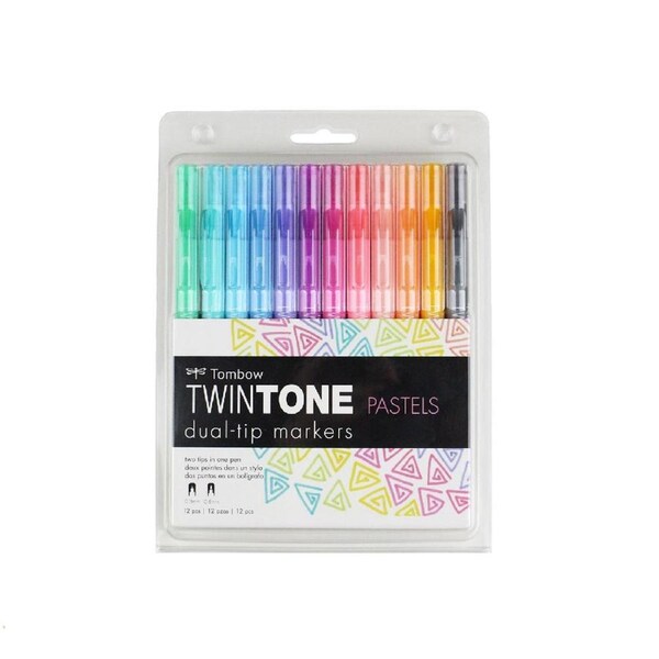 12pc Tombow TwinTone Dual Tip Marker Drawing Set Bullet/Extra Fine Tip Pastels