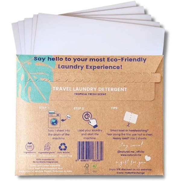Naturali Eco Travel Laundry Detergent Sheets - 5-Pack, Sink Washing, Compact Size