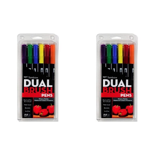 2x 6pc Tombow Dual Brush/Fine Pen Marker Water-Based Sketching/Drawing Primary