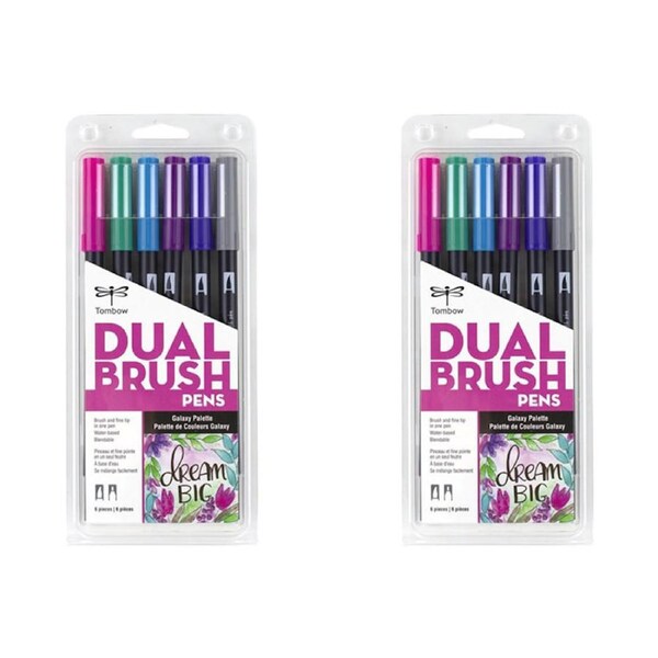 2x 6pc Tombow Dual Brush/Fine Pen Marker Water-Based Sketching/Drawing Galaxy