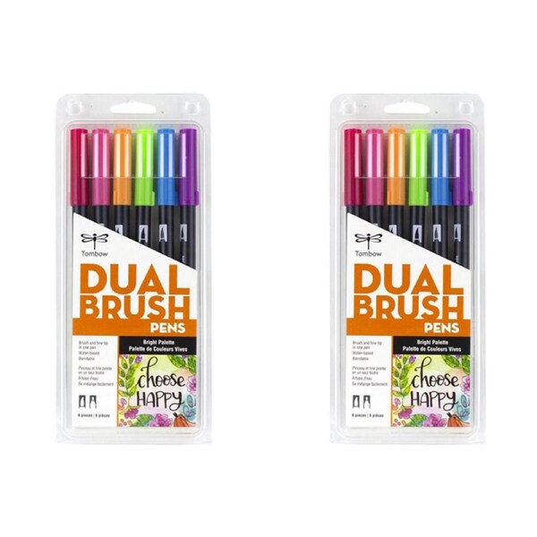 2x 6pc Tombow Dual Brush/Fine Pen Marker Water-Based Sketching/Drawing Bright