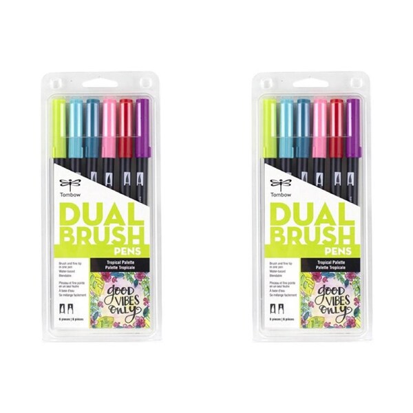2x 6pc Tombow Dual Brush/Fine Pen Marker Water-Based Sketching/Drawing Tropical