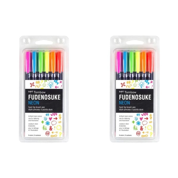 2x 6pc Tombow Fudenosuke Neon Hard Tip Brush Pen Drawing/Colouring Sketching Set