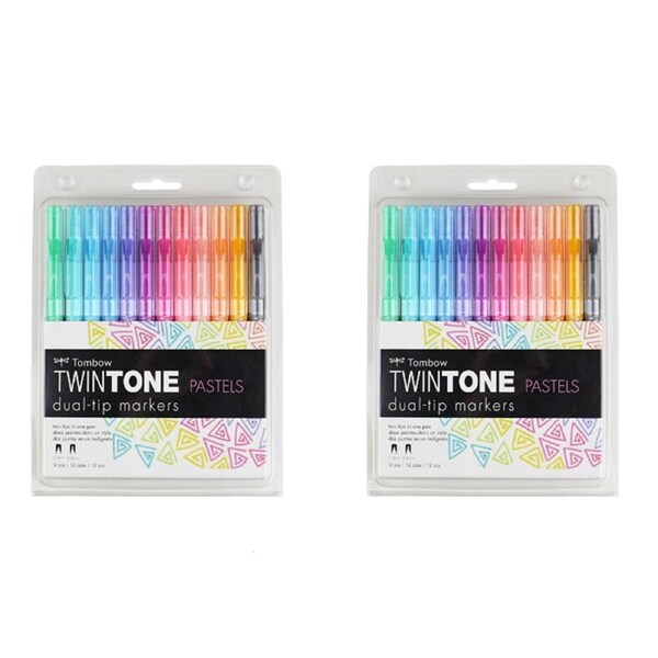 2x 12pc Tombow TwinTone Dual Tip Marker Drawing Bullet/Extra Fine Tip Pastels