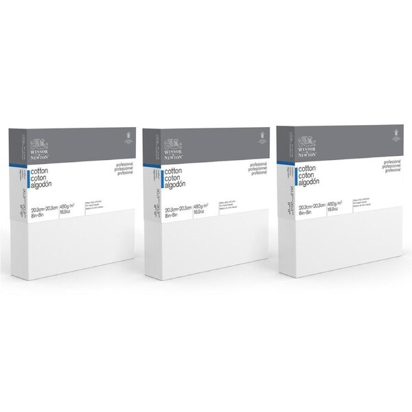 3x Winsor & Newton Professional 8x8" Stretched Cotton Canvas 1.5" Thick Edge WHT