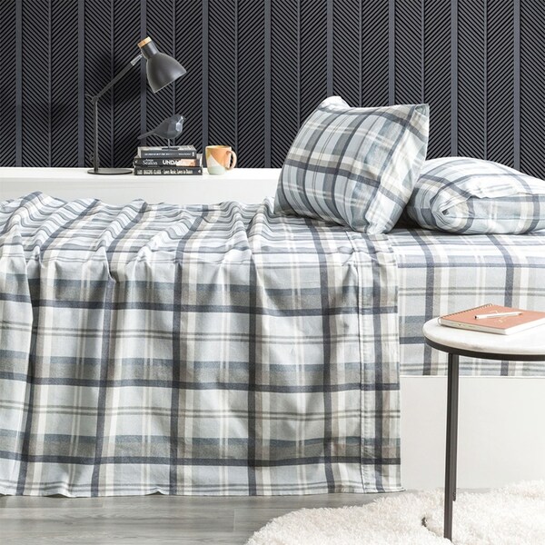 Park Avenue 175GSM Cotton Flannelette Queen Fitted Sheet Set Heathered Plaid