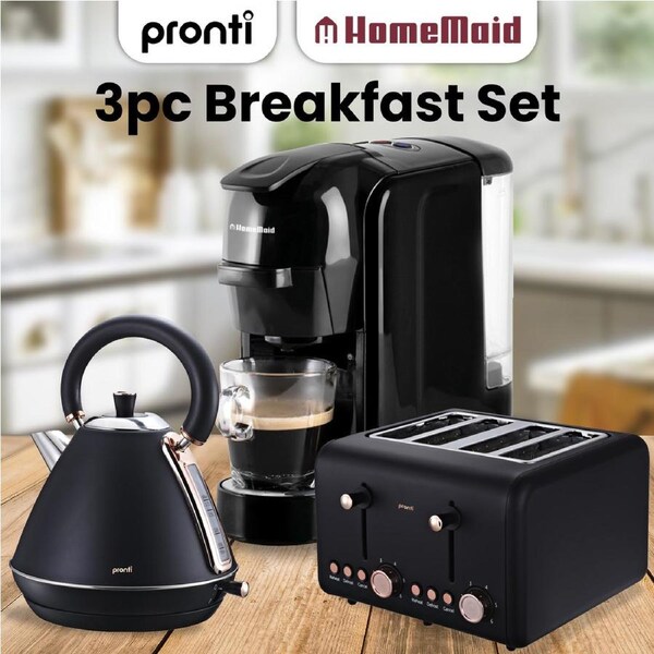 Pronti Kettle, Pronti Toaster and Pronti HomeMaid Coffee Machine Breakfast Set in Black