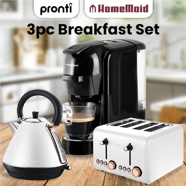 Pronti Kettle, Pronti Toaster and Pronti HomeMaid Coffee Machine Breakfast Set in White