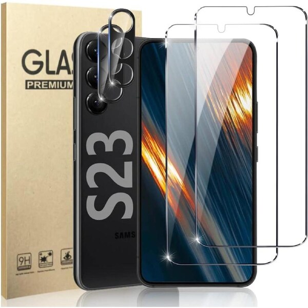 [2+2 Pack] 2 PCS Front Screen Protector with 2 PCS Camera Lens Protector Tempered Glass For Samsung Galaxy S23