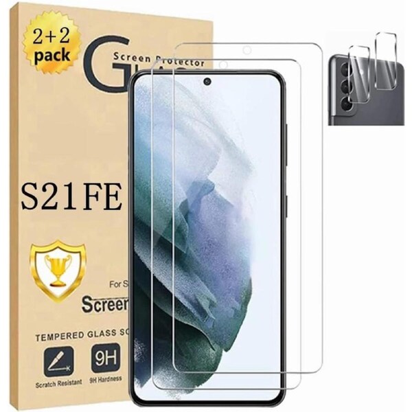 [2+2 Pack] 2 Pack S21 FE 5G Glass Screen Protector + 2 Pack Camera Lens Protector-For S21 FE 5G