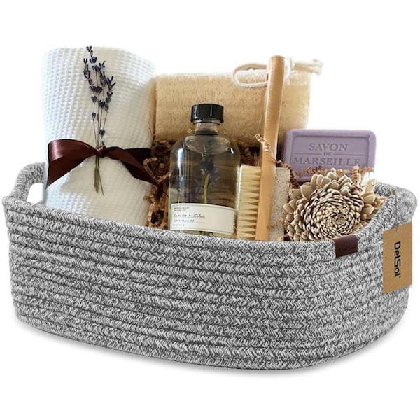 DelSol Cotton Rope Woven Basket with Handles, Baby Shower Gift Basket Empty Toys Cat Dog Toy Books Organizing Small Storage Basket for Closet Shelves Towel Baby Nursery Bathroom Bedroom