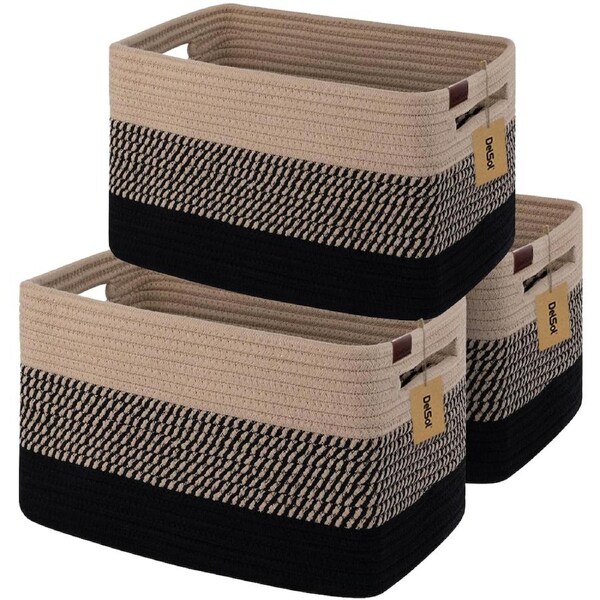 DelSol Cotton Rope Woven Basket 3 Pack 38x26x23cm Rectangle Storage Basket with Handle for Living Room Bathroom Blanket Clothes Pillows Laundry Hamper Baby Nursery Toy Organizer Black & Brown