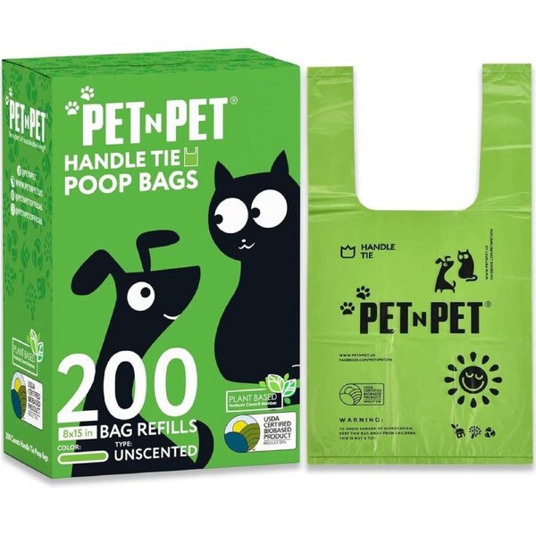 PET N PET Dog Poop Bags, 200 Counts USDA Certified 38% Biobased Dog Poo Bags with Tie Handles Green Unscented Dog Waste Bags, Strong Thick Cat Poop Bags, Easy Pickup Dog Bags for Poop - 8x15 Inches