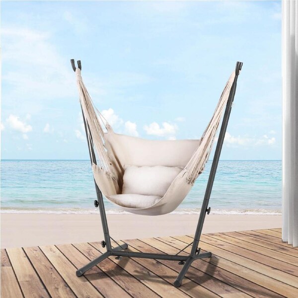 Gardeon Hammock Chair Outdoor Camping Hanging with Stand Cream