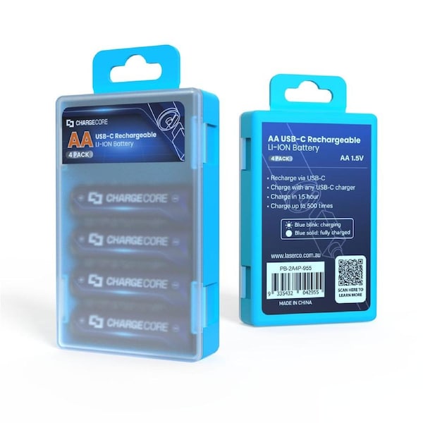 Laser USB-C Rechargeable AA Batteries 4-Pack - Fast Charging - 1000 Recharges - Eco-Friendly - Safe, Durable Power Solution