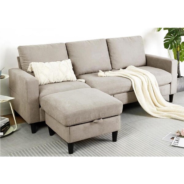 Advwin 3 Seater Sofa Convertible Corner Lounge Chaise with Storage Ottoman Linen Beige