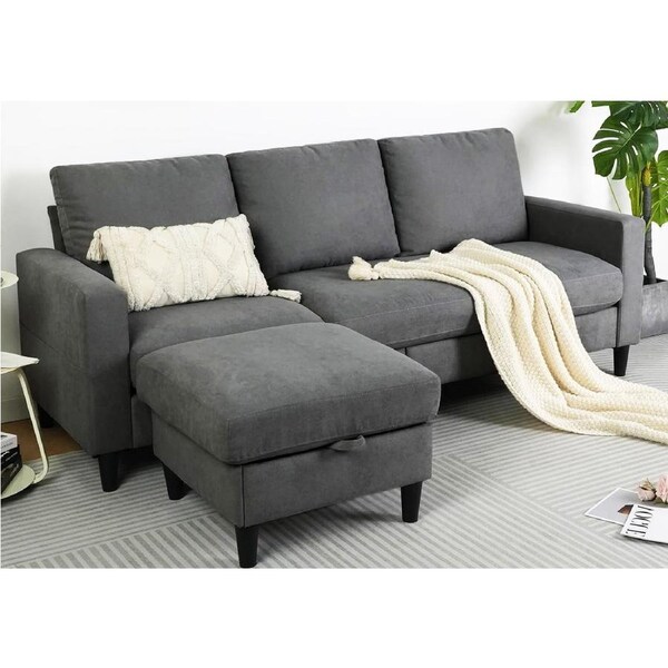 Advwin 3 Seater Sofa Convertible Corner Lounge Chaise with Storage Ottoman Linen Grey