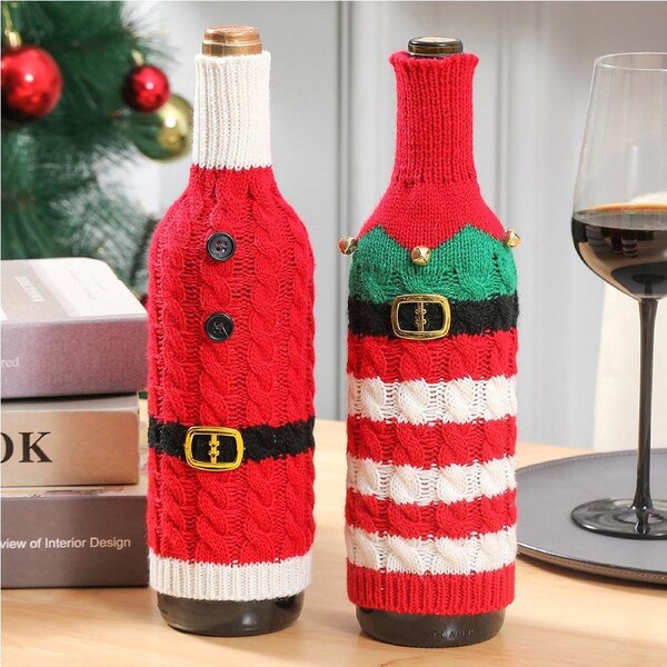 2Pcs Christmas Wine Bottle Cover Knitted Wine Bottle Bag Xmas Dinner Table Decor