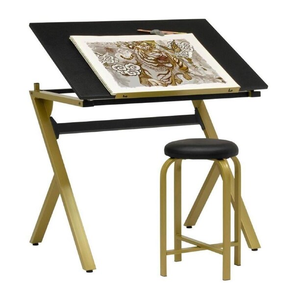 Artfusion Steel Stellar Drawing Table w/ Stool Workstation 91x60cm Gold/Black