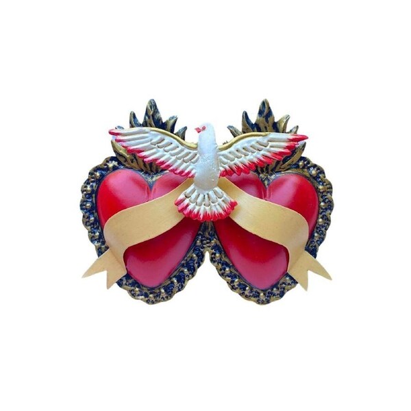 Doble Corazon with Dove Mexican Folk Art Tin Heart 17cm