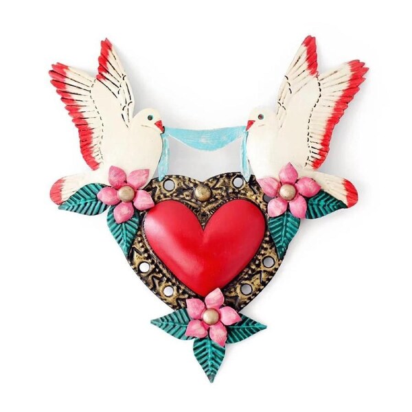 Mi Amor Dove Mexican Folk Art Tin Heart 30cm