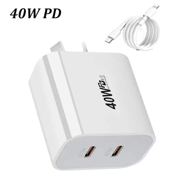 40W Dual USB C Charger PD Power Adapter + 2m Type C to Lightning Fast Cable Charger AU Plug Compatible with iPhone Lightning Charger Port
