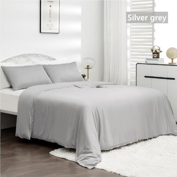 LINENOVA 100% Natural Bamboo Quilt Cover Set Breathable Silk Soft Comfort Home Bedding For All Seasons Silver Grey / King