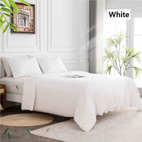 LINENOVA 100% Natural Bamboo Quilt Cover Set Breathable Silk Soft Comfort Home Bedding For All Seasons White / King