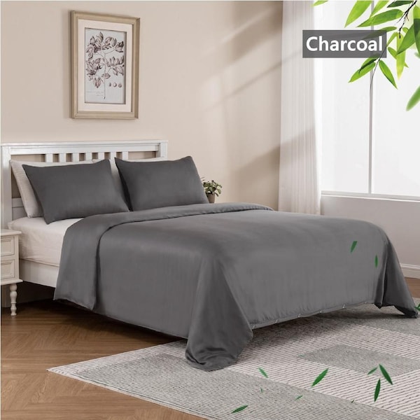 LINENOVA 100% Natural Bamboo Quilt Cover Set Breathable Silk Soft Comfort Home Bedding For All Seasons Charcoal / Single