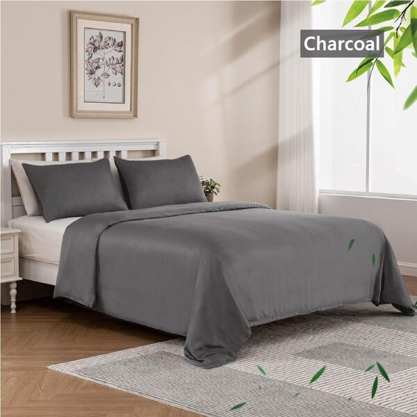 LINENOVA 100% Natural Bamboo Quilt Cover Set Breathable Silk Soft Comfort Home Bedding For All Seasons Charcoal / Double