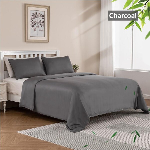 LINENOVA 100% Natural Bamboo Quilt Cover Set Breathable Silk Soft Comfort Home Bedding For All Seasons Charcoal / Super King