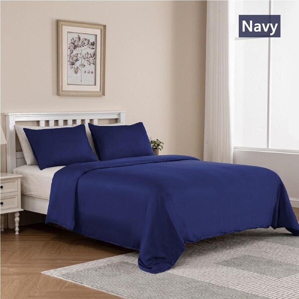 LINENOVA 100% Natural Bamboo Quilt Cover Set Breathable Silk Soft Comfort Home Bedding For All Seasons Navy / Super King
