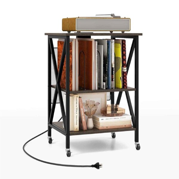 Costway Elevated Record Cabinet X-frame Metal Rolling Record Player Stand w/Power Outlets 3-Tier Storage Shelf Side End Table Grey
