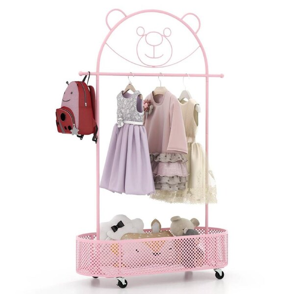 Costway Cartoon Bear Movable Floor Standing Clothes Rack Coat Stand w/Storage Basket/Hanging Rod/Adjustable Height Garment Rack Dryer Pink