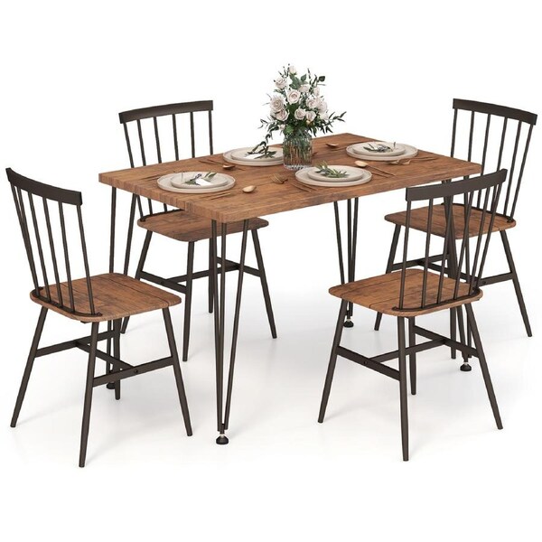 Costway 5PCS Kitchen Set Adjustable Dining Table & Chairs Set w/1 Table 4 Chairs Aesthetic High Back Kitchen Counter Height Island Brown