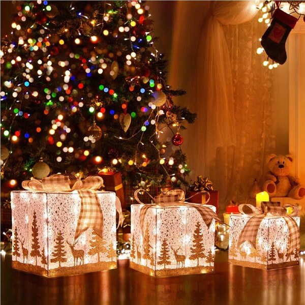 Costway 3PCS Gift Box Pre-Lit Christmas Decoration /100 Bulbs Xmas Lights Motif Outdoor Gift Ornament White