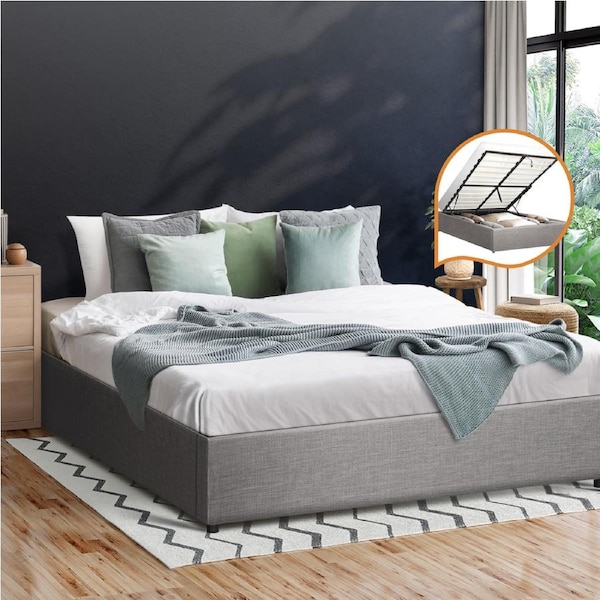 Oikiture Bed Frame Queen Double King Single Gas Lift Base With Storage Grey Fabric Queen