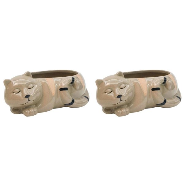2x Urban Cat Planter Plant Pot Bisque 7cm Home Decorative Outdoor Garden Decor