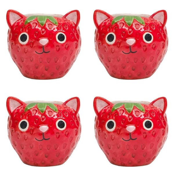 4x Urban Strawberry Cat Small Planter Red 9cm Home Decorative Garden Decor