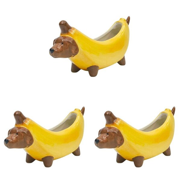 3x Urban Banana Dog Small Planter Pot Yellow 9cm Home Decorative Garden Decor