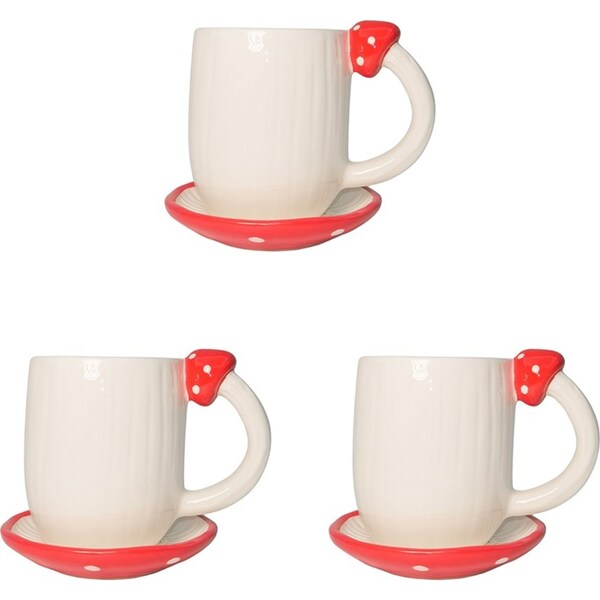 3x Urban Toadstool Mug Saucer White Red 11cm Kitchen Decor Drinkware Ceramic