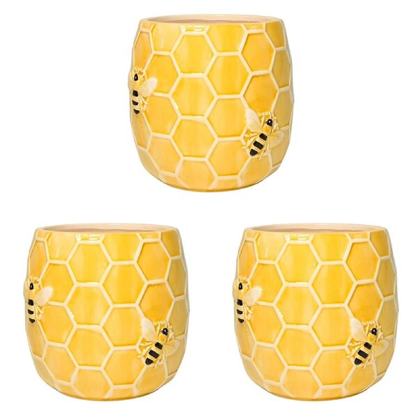 3x Urban Bee Hive Planter Yellow 12cm Home Decorative Outdoor Garden Decor