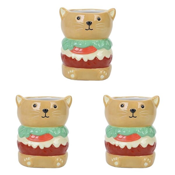 3x Urban Burger Cat Planter Brown 10cm Home Decorative Outdoor Garden Decor