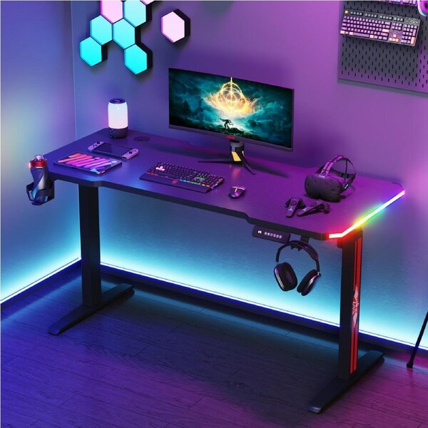 Advwin Electric Standing Desk Gaming Desk RGB LED Ergonomic Sit Stand Desk Height Adjustable Carbon Fiber Desktop with Hook Cup Holder and Memory Lifting Black 140cm