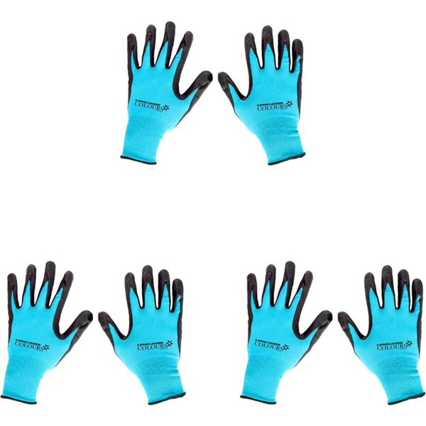 3PK Spear & Jackson Colours Gardening Gloves Anti-Slip Coated Palm Tool Blue