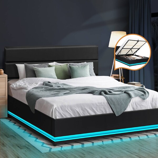 Oikiture Bed Frame Queen Double King Size RGB LED Gas Lift Base With Storage Double