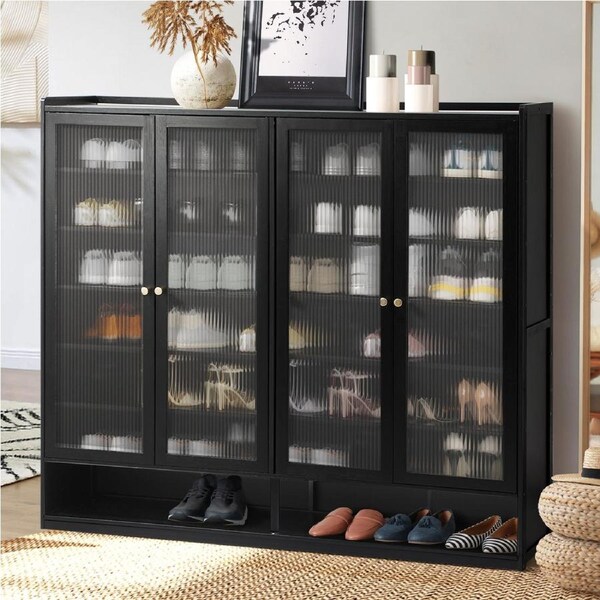 Oikiture Shoe Cabinet Shoes Storage Rack Organiser 4 Doors Shelf Black